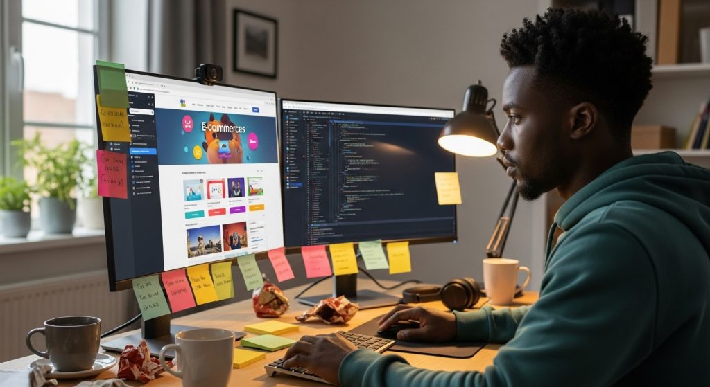 A developer coding on dual monitors, one screen showing front-end design (colorful web layout) and the other backend code.