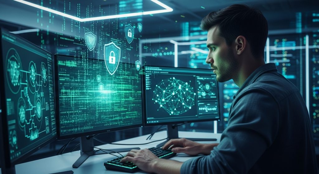 An IT professional sitting at a computer with multiple glowing monitors, analyzing security codes and protecting data.