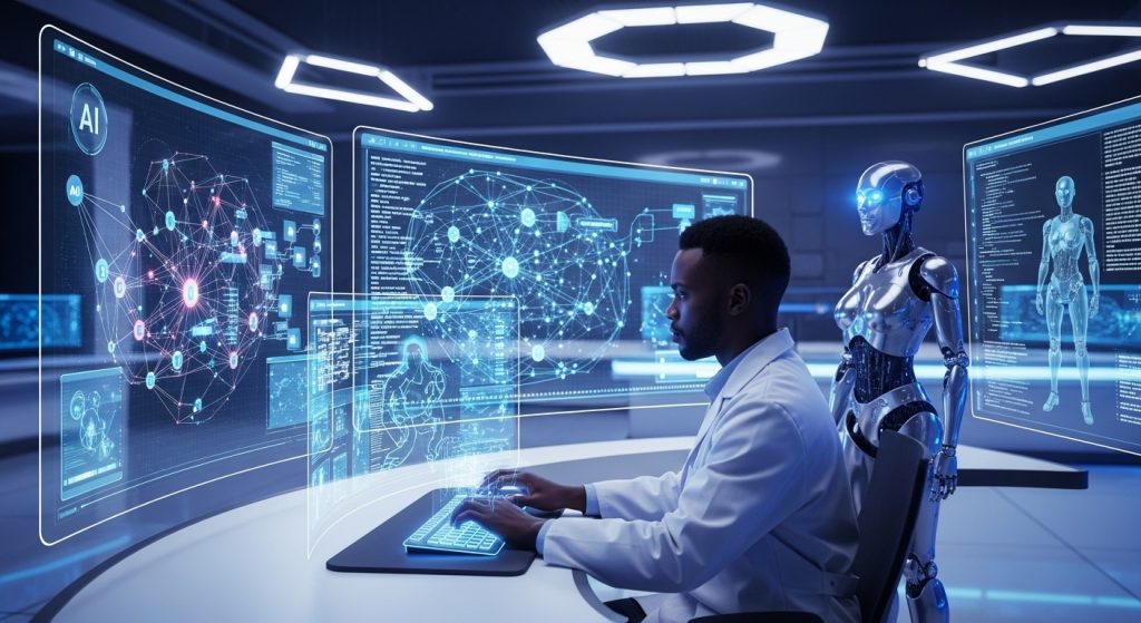 A researcher surrounded by futuristic screens showing AI neural networks, robots, and algorithms.