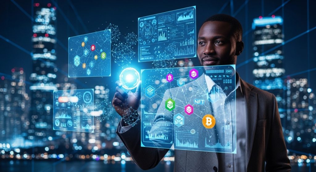 A tech entrepreneur holding a glowing digital coin, while holograms of blockchain chains, NFTs, and decentralized apps float in the air.