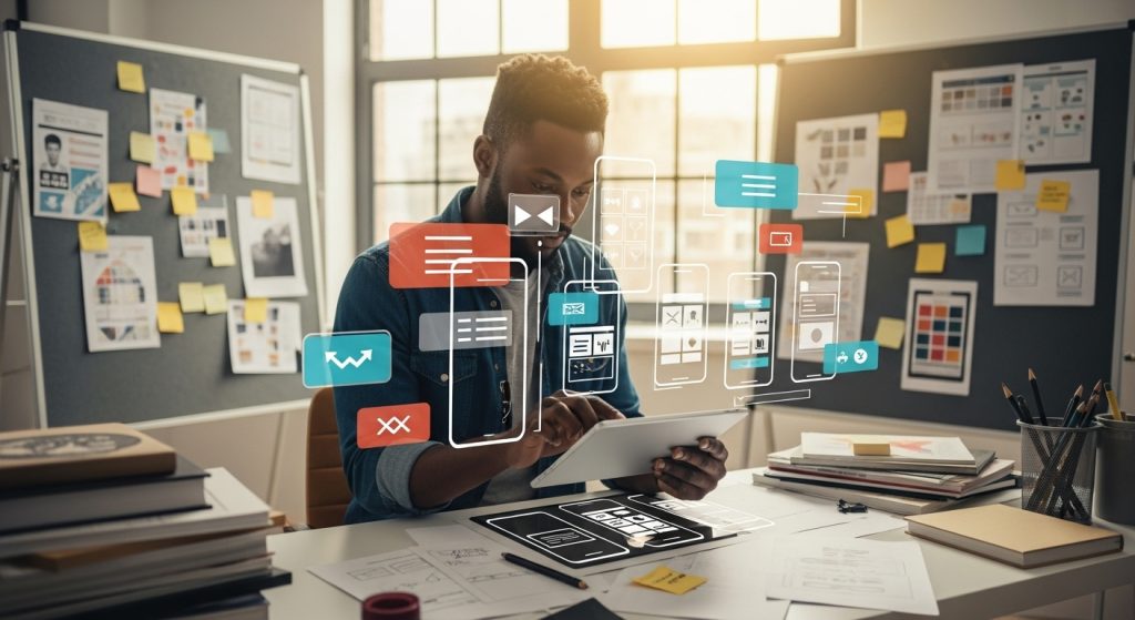 A creative designer working on a tablet, sketching mobile app wireframes and prototypes.