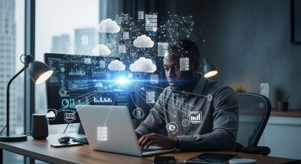 A professional working on a laptop while glowing cloud icons and digital connections float above, symbolizing cloud storage and servers