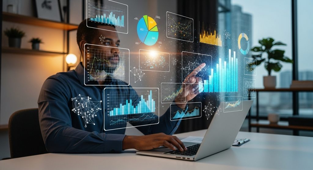 A focused analyst working on a laptop with colorful charts, graphs, and data visualizations projected in the air around them